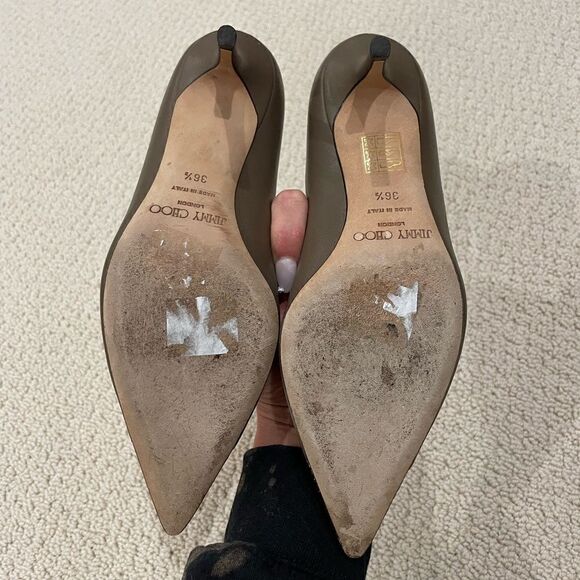 EUC Jimmy Choo Taupe Crystal Tip Leather Heels Nappa Taupe Sz. 36.5 - Picture 4 of 10